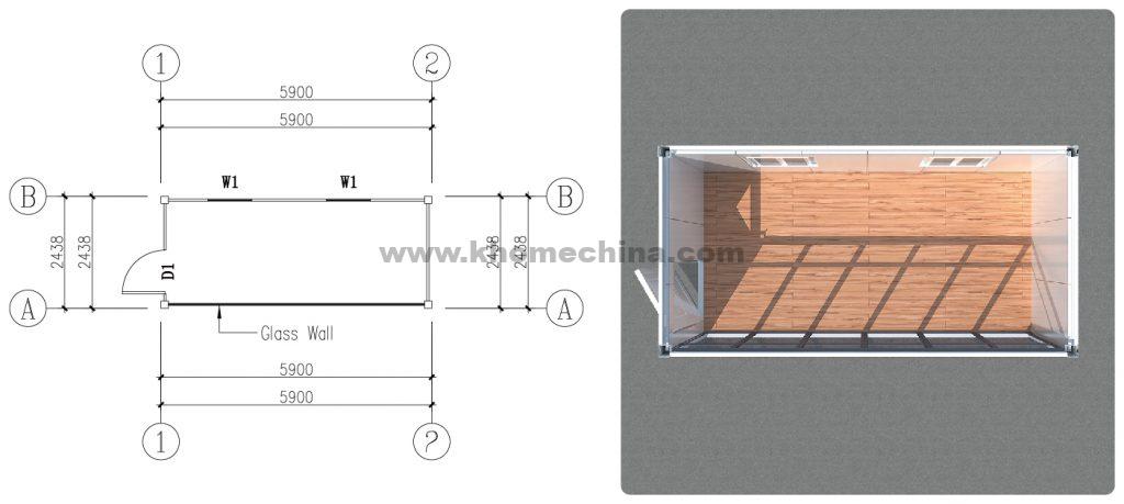 02-Empty-Flat-pack-container-unit-with-5.9m-glass-wall
