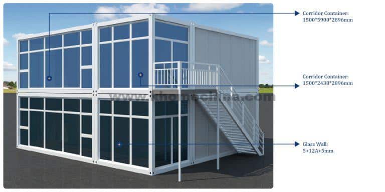 Two floor flat pack container house with glass wall corridor container