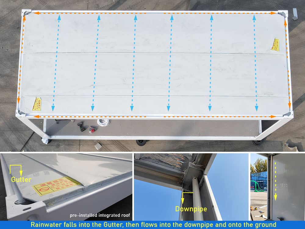 flat pack container drainage syetem - pre-installed integrated roof + downpipe
